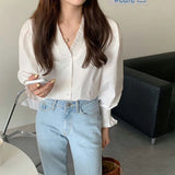 Znbbw Blue Shirts Women V Neck White Puff Long Sleeve Blouses Streetwear Korean Fashion Casual All Match Tops Spring Autumn