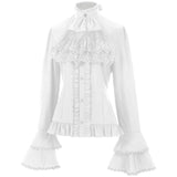 Znbbw French Style Solid Shirt For Women Stand Flare Sleeve Lace Embroidery Ruffles Bandage Design Gothic Black Shirts Top