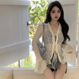 Znbbw Women's top Waist up Slim fitting Women's coat Air-conditioned shirt Sunscreen Cardigan Lace Lace up T-shirt