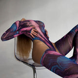 Znbbw Tie Dye Bodysuit Long Sleeve Lingerie Body Uncensored Tight Fitting Woman Crotchless Mesh Sexy Tops See Through Outfit