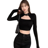 Znbbw Women's Square T-shirt  Collar Slim Sexy Navel Exposed Long Sleeved T-shirt Tops