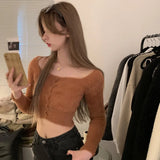 Znbbw Version Solid Color Square Neck Sweater Slim Fitting Fashion Exposed Navel Long Sleeved Cardigan Sweater