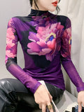 Znbbw New High Neck Long Sleeve Mesh T-shirt Women's Fashion Fairy Positioning Printing Big Flowers Bottoming T Shirts BH9865