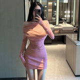 Znbbw Women's Dress Off Shoulder Oblique Shoulder Short Sexy Korean Dress  Solid Color
