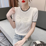 Znbbw Style Beading Bowknot T Shirts Women's O Neck Short Sleeve Knitted Sweet Tee Tshirt Summer Slim Thin Top