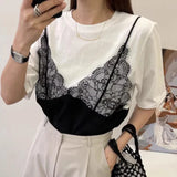 Znbbw Two Piece Ropa Mujer Contrast Lace Patchwork Tops Loose T Shirt Short Sleeve Camisetas Summer Round Neck Clothes Women