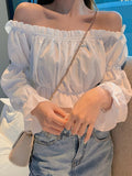 Znbbw Women Top Sexy Blouse Off Shoulder Top Long Sleeve Solid Color White Shirt Puff Sleeve Ruffle Tunic Crop Top Summer Tube Top