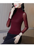 Znbbw Solid Mesh T-Shirts Tees Female Full Sleeve Turtleneck Slim Tshirt Base Simple Tops For Women Spring Fall
