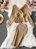 Znbbw Women's High Waist Bright Silk Knit Bag Hip Skirt Two-piece Fashion V-neck Sweater Bat Sleeve Two-piece Women's Sets GD123