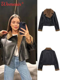 Znbbw Thick Short Leather Woman Clothing High Waist Long Sleeve Cropped Tops Women's Jacket Warm Cardigan Jackets for Women