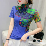 Znbbw Spring Print Tees Women Turtleneck Soft Short Sleeve T Shirts Lady Mesh Elegant Stretchy Tops Tees Female T-Shirt