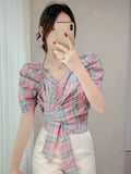 Znbbw Vintage Blouses V Neck Puff Sleeve Bandage Pleated Plaid Shirts Summer Female Slim Crop Top Chic All Match Women Clothes