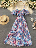 Znbbw New Seaside Holiday Dress Female Bubble Sleeve Square Neck Strapless Sling Long Print Pleated Dress UK881