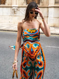 Znbbw Crop Top Long Pants Print Fashion Set Outfits Strapless Tie Back Pockets Folk Boho Floral Suit Beach Casual Summer Set