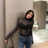 Znbbw T Shirts Women Transparent Tops Long Sleeve Slim Turtleneck Stretchy T-Shirt Autumn Tees