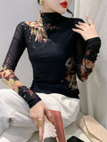 Znbbw New Long Sleeve T-shirt For Women Floral Turtleneck High Stretch Slim TShirts Located Printing Mesh Tops FF0862