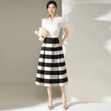Znbbw Big Black White Striped Baggy High Waist A-Line Skirts For Women Summer Vintage Casual Streetwear Pleated Long Skirts