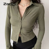 znbbw Street Style Long Sleeve Slim Women Short Shirt Sexy Elasticity Solid Button Ladies Blouse 2023 Summer Female Crop Tops