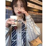 Znbbw Tie Striped Shirts Women Harajuku Brooch Oversized Long Sleeve Blouses Streetwear Korean Preppy Print Loose Casual Tops