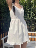 Znbbw White Ruffles Button Dress Women Sweet Lace Trim Cotton Summer Lace-up Dresses Femme Y2k Streetwear Harajuku Vestidos