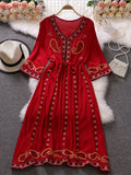 Znbbw Spring Summer Women Dress Seaside Vacation Beach Bohemian Loose Ethnic Style Temperament Embroidered V-Neck Dress GD795