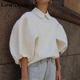 Znbbw Spring Summer Chic Lantern Sleeve Top Quality Elegant Temperament Blouses Femme High Level Turn Down Collar Shirts