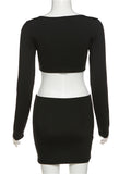 znbbw Fall Sexy Solid Hollow Out 2 Two Piece Sets Club Outfit For Women 2023 Long Sleeve V Neck Crop Top And Skirt Sets Female