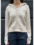 Znbbw Twist Knitted Hooded Cardigan Women Autumn Casual Cotton Ribbed Trim Zip-up Sweater Vintage Streetwear Cropped Tops Coat