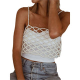 Znbbw Women Camisole Adult Solid Color Sleeveless Hollow-Out Bead Decoration Matching Vest Sling Crop Tops Basic Slim Knitted Lady Top