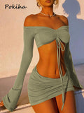 znbbw Green Drawstring Ruched 2 Piece Sets For Women Sexy Tie Front Top And Skirt Fashion Outfits Matching Sets Clothes Skirt