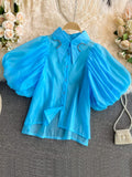 Znbbw Summer New Fashion Korean Retro Blouse Female Irregular Rhinestone Lapel Puff Sleeve Blusa Short Shirt KK1100