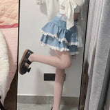 Znbbw Sweet Y2k Skirts Ruffles Lace Patchwork Bandage Design Denim Mini Skirt Summer Korean All Match Kawaii Girl Clothing