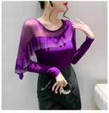 Znbbw Autumn Ringstones Ruffles Long Sleeve Mesh T-shirt Tee New Female Round Collar Sheath Tops T-shirts for women