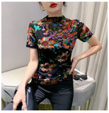 Znbbw Autumn Mesh Tshirts Women Short Sleeve Half Turtleneck Printed Floral Tees Girls Slim Elastic T Shirts Tops BH3878