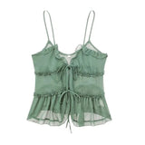 Znbbw TRAF Sexy Black Mesh See-Through Crop Tops V-Neck Front Tie Up Ruffles Camis Summer Holiday Backless Vest Tops