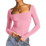 Znbbw Solid Square Collar Long Sleeve T-shirts Women Spring Summer y2k Skinny Casual Pullover Crop Tops Tees Femme Clothes