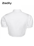 znbbw Sexy White Shirt Women Stand Neck Button Short Sleeve Slim Crop Blouse 2023 Summer New Party Y2k Female Clothing Tops