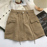 Znbbw Vintage Women A Line Skirt Korean Streetwear High Waist Mini Skirt Y2K Casual All Match Female Pocket Cargo Skirt New