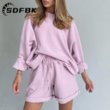 Znbbw Women Solid Tracksuits Casual Long Sleeve Pullover with Pockets Shorts Two Piece Set Sport Fashion Loose Matching Sets Outfits