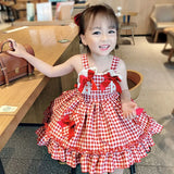 Znbbw Pleated Tutu Skirt Summer Party Clothes Bow Lace Girls Plaid Printing Sleeveless Dress
