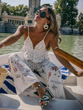 Znbbw Autumn Embroidery Women Cotton Long Pants Drawstring Casual Wide Leg White Trousers 2024 Boho Marine Organism Pants