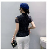 Znbbw Printed Mesh T Shirt Women Short Sleeve Turtleneck TShirts Lady Basic High Stretch Tops Tees