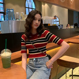 Znbbw Women's Striped Printed Sweater T-shirt Slim Fitting Short Sleeved Round Neck Knitted Sweater