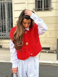 Znbbw Women Knit Cardigan Vest Casual Red Sleeveless O-neck Metal Button Sweater Tank Top Lady High Street Knitted Waistcoat