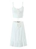 Znbbw Lace Up White 2 Pcs Outfit Women Summer Dress Set 2024 New Beach Cotton Skirt Matching Set Midi Vestido Chic Sundress
