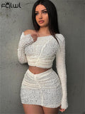 znbbw Summer Sexy 2 Two Pieces Set For Women 2023 Salsh Neck Long Sleeve Asymmetric Crop Tops And Side Slit Mini Skirt Sets