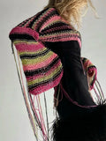 Znbbw Stripe Print Smock Top Women Knitted O Neck Tassel Full Sleeve Crop Top Crochet Vintage Korean Grunge Tee Fashion Aesthetic