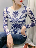 Znbbw Printing Positioning Flower Long Sleeved Round Neck Slim Fit Top Women Autumn Spring Stretchy Mesh T-shirts FF0875