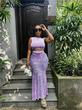 znbbw Sexy Mesh See Through Print Three Piece Skirt Set Club Outfit For Women 2023 Summer Fashion Sleeveless Crop Top Skirtset