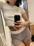 Znbbw Embroidery Slim Crop Top Women Vintage Beige Cotton Round Short Sleeve Tees Clothes Harajuku Sweet Summer T Shirt Female